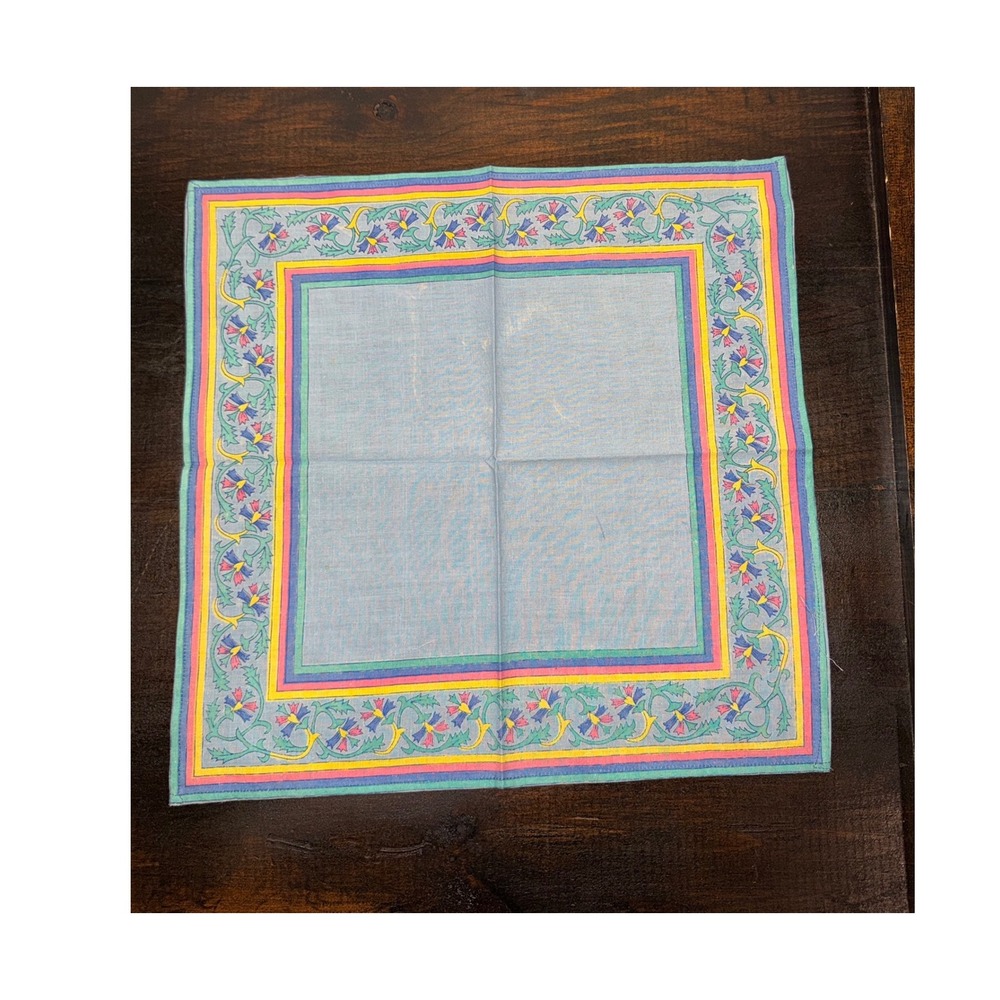 Vintage JC Penney Cotton Handkerchief Floral Border Blue Pink Made in India 15"